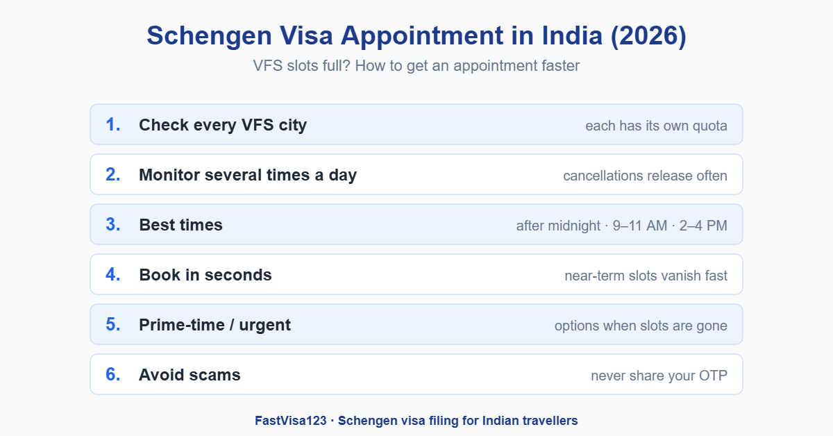 How to get a Schengen visa VFS appointment in India 2026 when slots are full: tips and best times