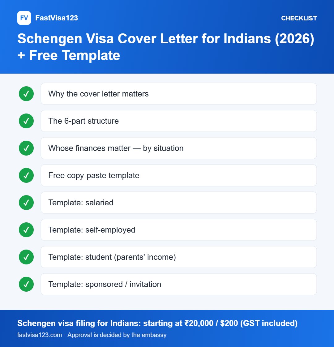 Schengen Visa Cover Letter for Indians (2026) + Free Template: checklist infographic for Schengen Visa Cover Letter for Indians (2026) + Free Template