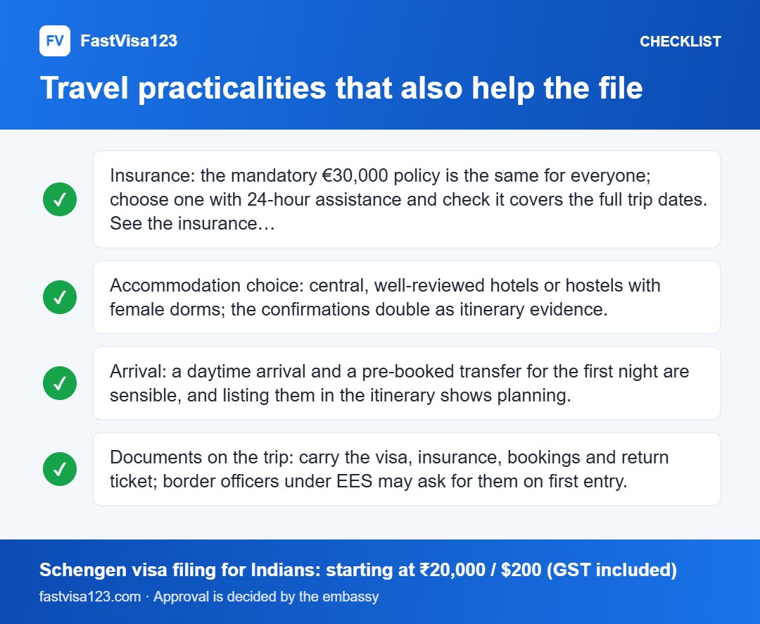 Travel practicalities that also help the file: checklist infographic for Schengen Visa for Solo Female Travellers From India: The File That Gets Approved